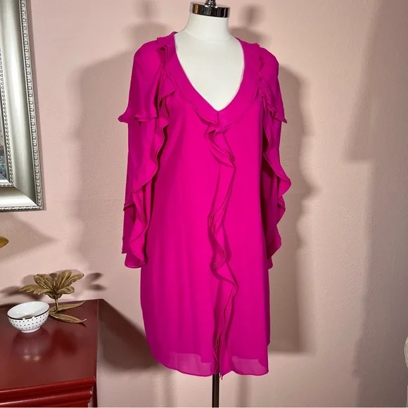 NEW Belle Badgley Mischka Magenta Long Sleeve Ruffle front Mini cocktail Dress - Picture 16 of 17